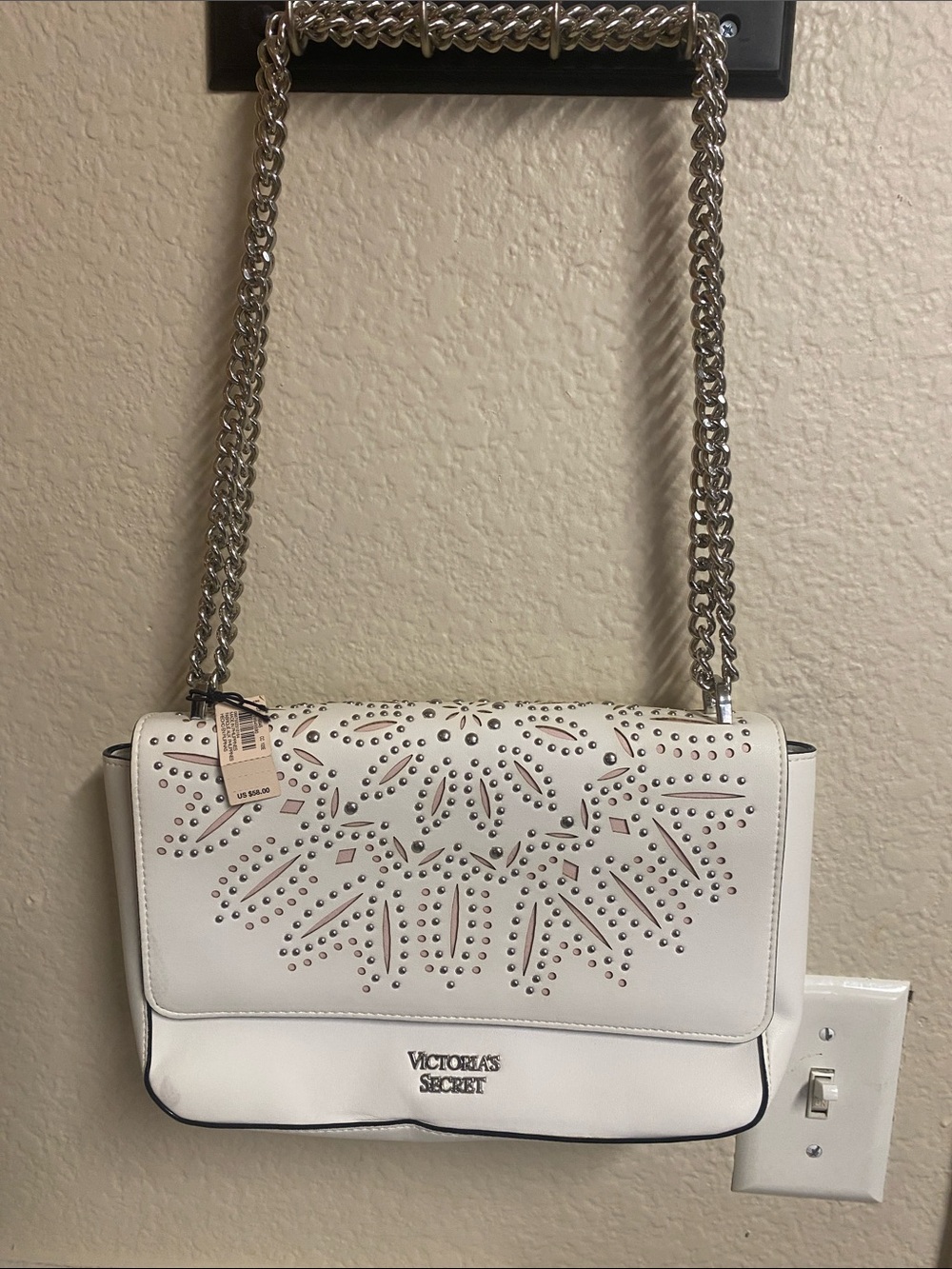 Victoria's Secret VS Laser Cut Bond Street Shoulder Bag White Chain Pink Floral